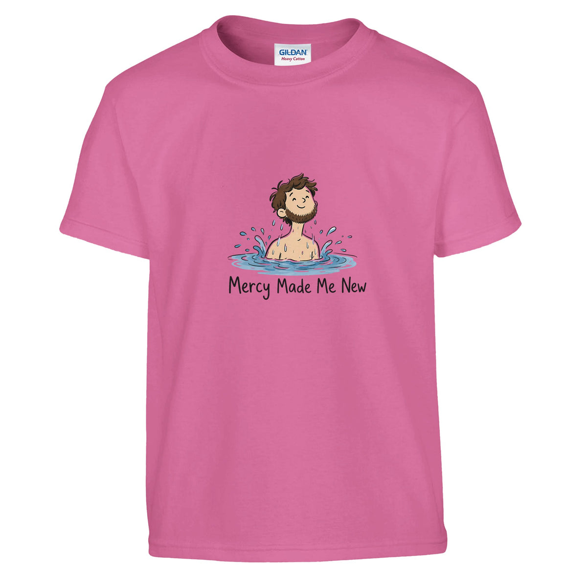 Pink Mercy Made Me New Kids Tee, flat lay, man's head emerging from water