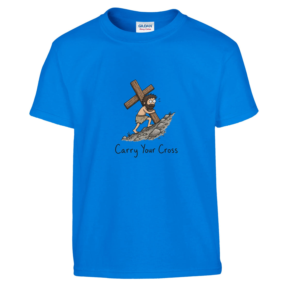 Royal blue Carry Your Cross Kids Tee, flat lay, figure carrying a cross uphill