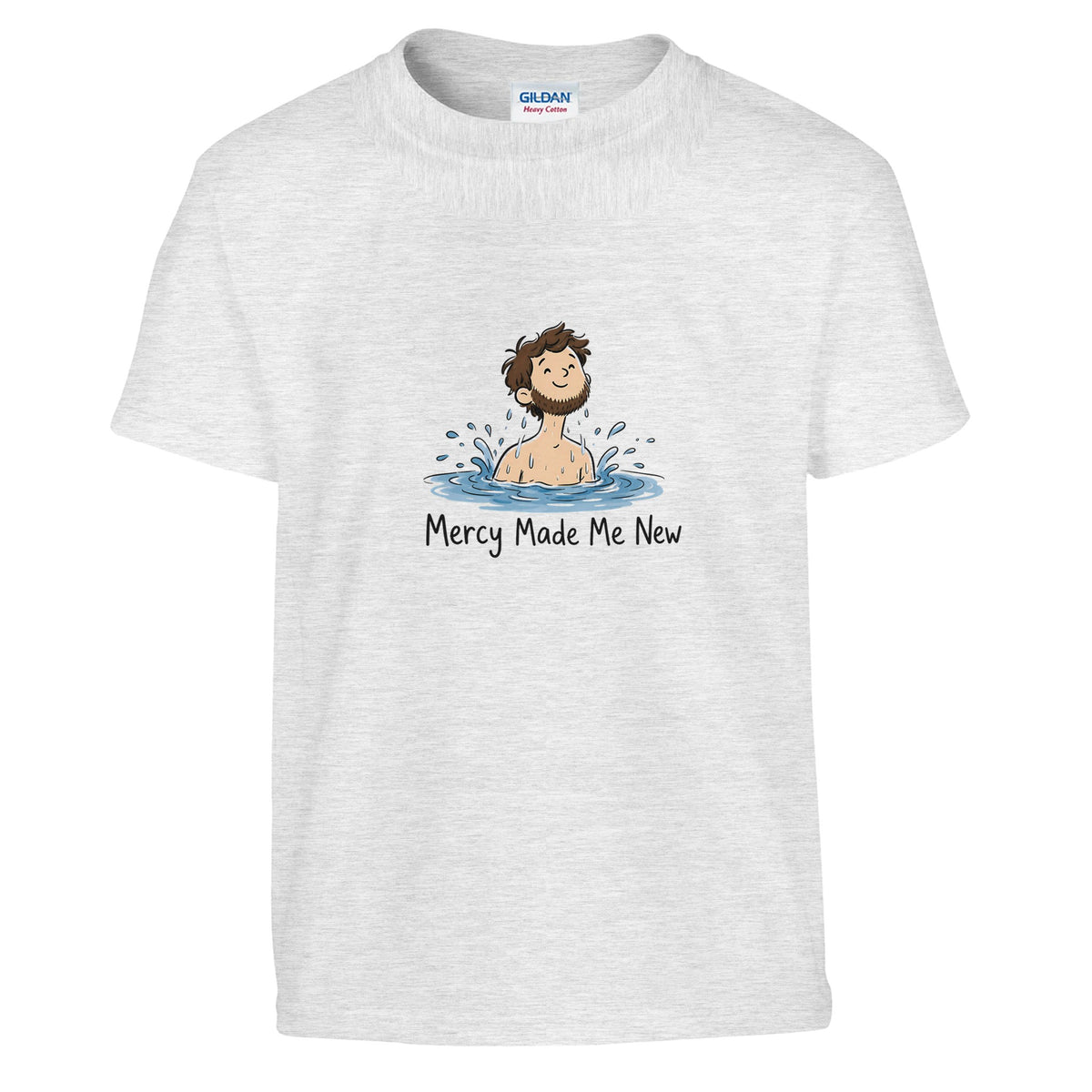 Mercy Made Me New Kids Tee in ash grey — flat lay illustration of a figure emerging from water with a splash, with Mercy Made Me New text below