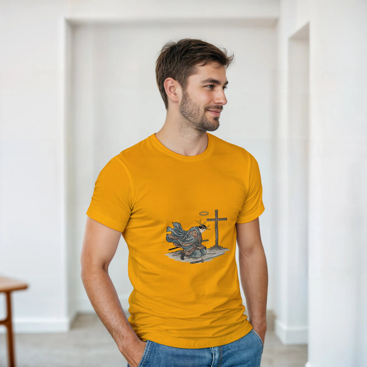 Gold The Wind And The Cross Adult Tee, kneeling figure before a cross