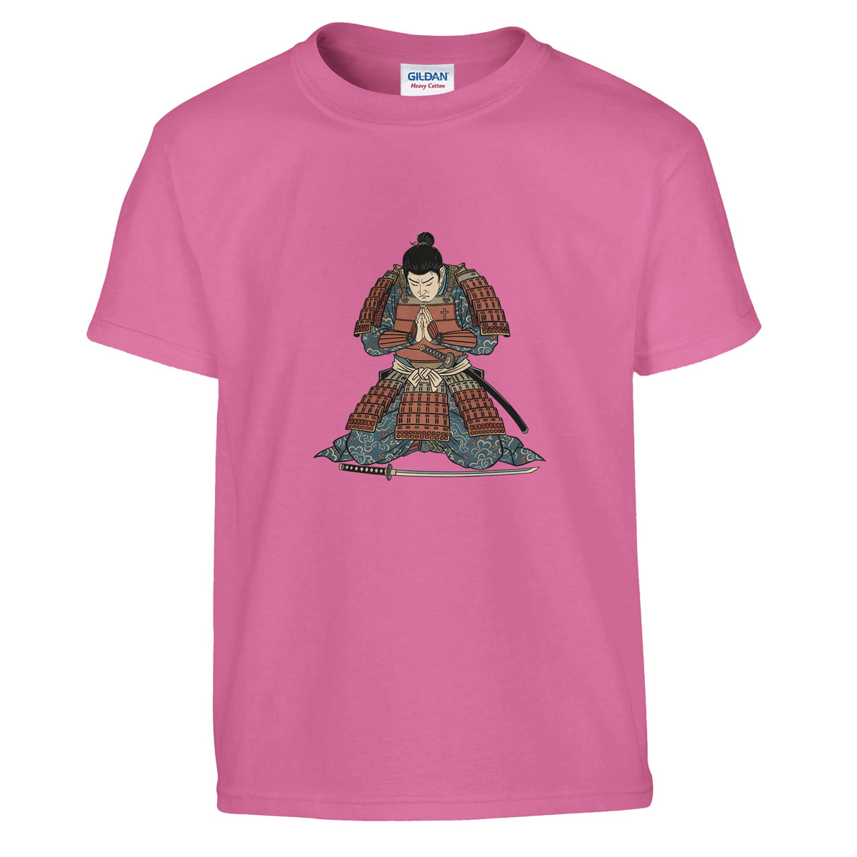 Pink Hands Together At Dawn Kids Tee, flat lay, samurai kneeling in prayer