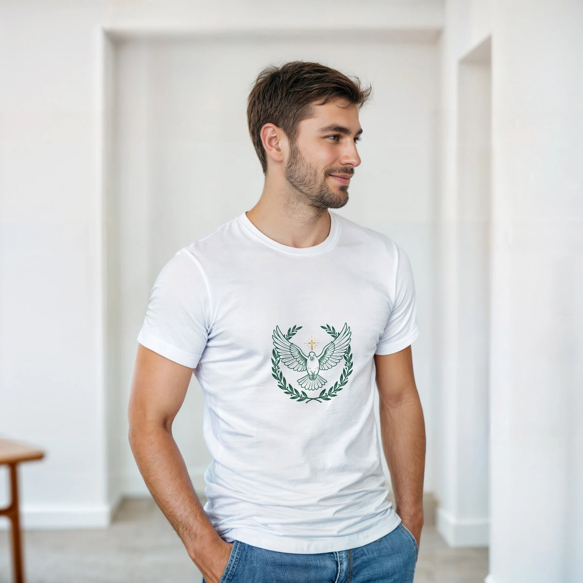 White t-shirt with a dove with wings spread inside an olive branch wreath below a cross