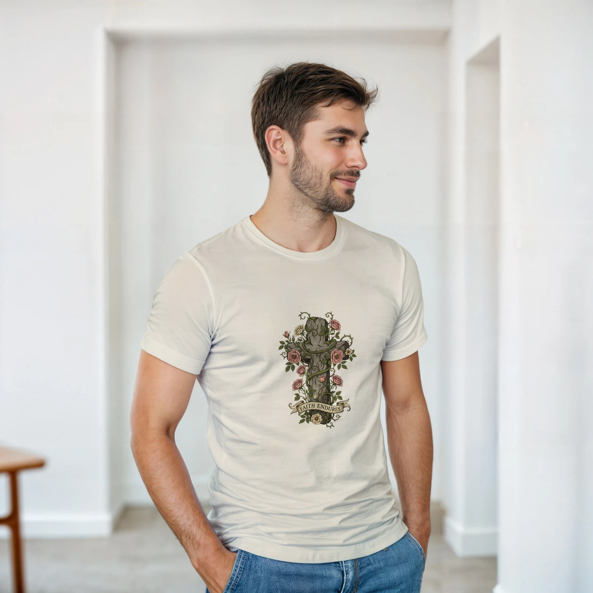 Natural Faith Endures Adult Tee, cross entwined with roses