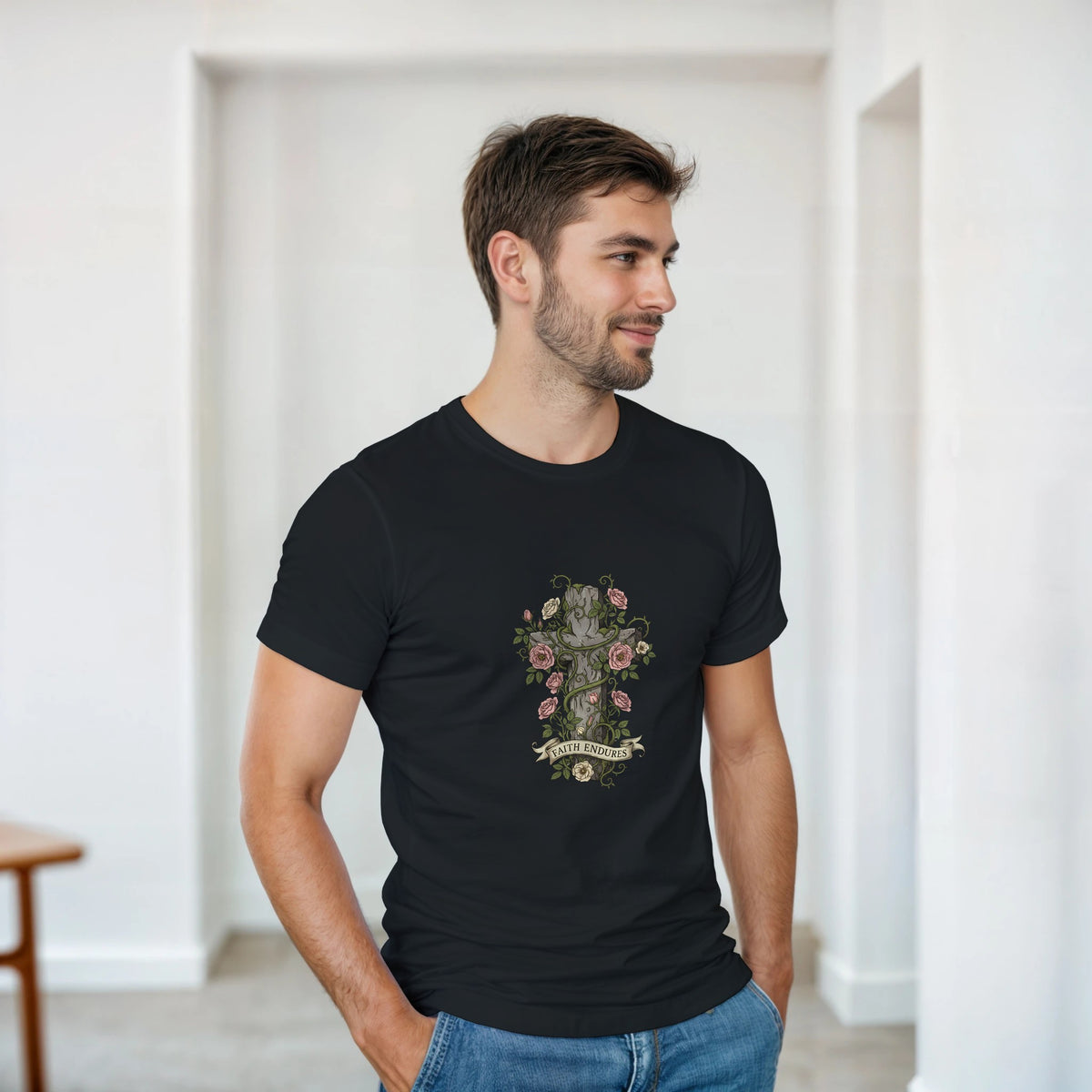 Black Faith Endures Adult Tee, cross entwined with roses