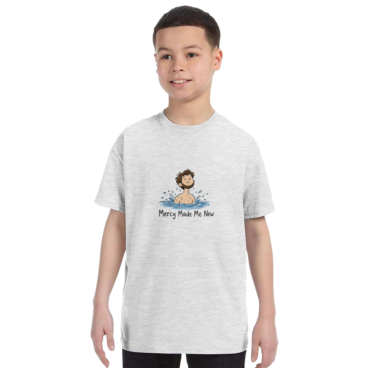 Grey heather Mercy Made Me New Kids Tee, worn by boy model, man's head emerging from water