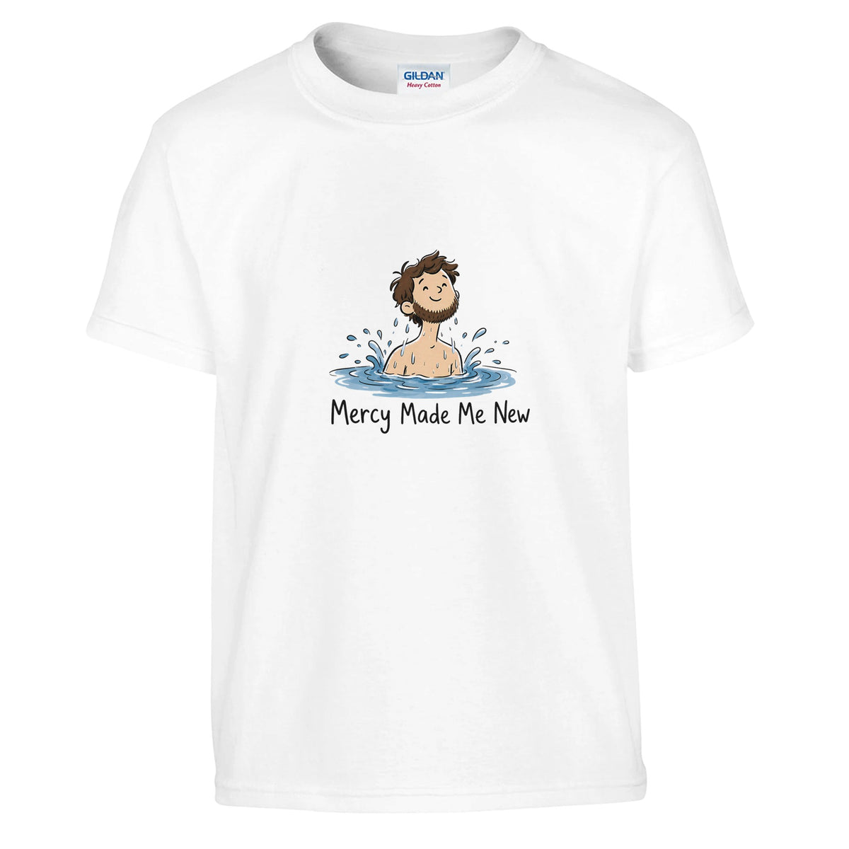 White Mercy Made Me New Kids Tee, flat lay, man's head emerging from water