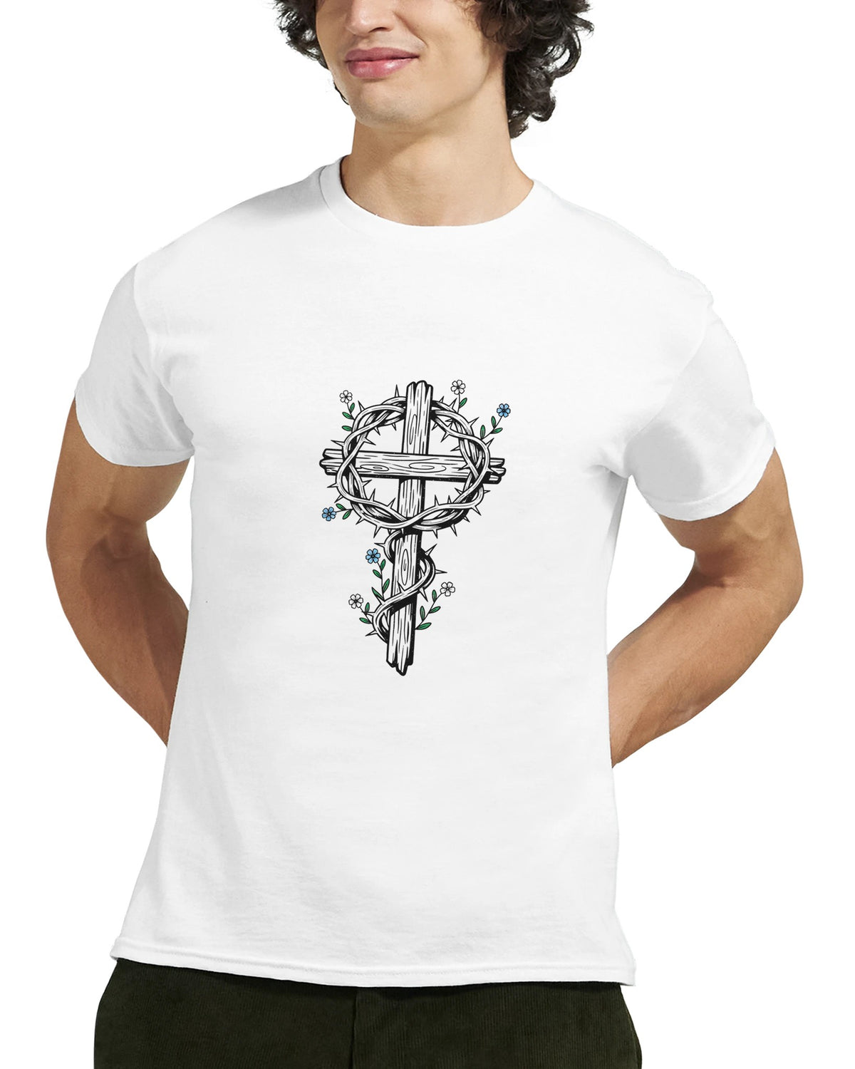 White Crown Of Thorns Cross Adult Tee, close-up on model, cross wrapped in thorns