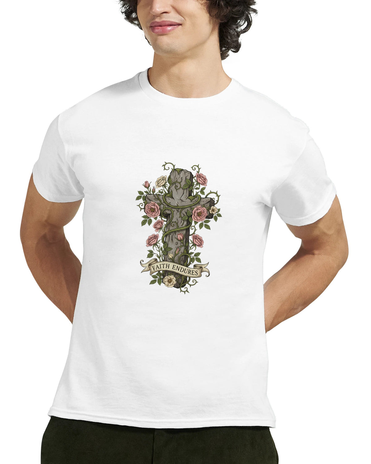 White Faith Endures Adult Tee, close-up on model, cross entwined with roses
