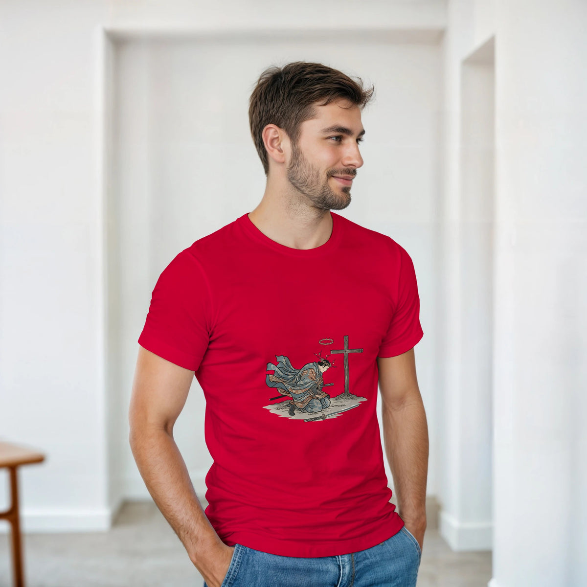 Red The Wind And The Cross Adult Tee, kneeling figure before a cross