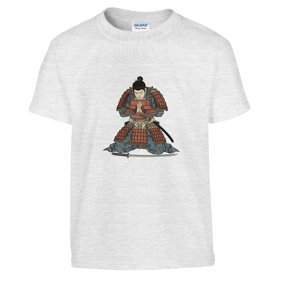 Hands Together At Dawn Kids Tee in ash grey — flat lay illustration of a kneeling samurai figure with hands together in prayer beside a sword