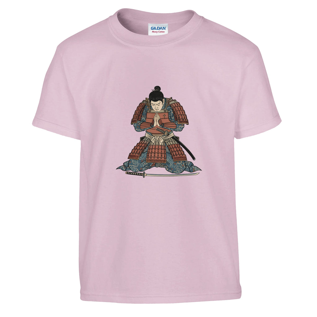 Pink Hands Together At Dawn Kids Tee, flat lay, samurai kneeling in prayer
