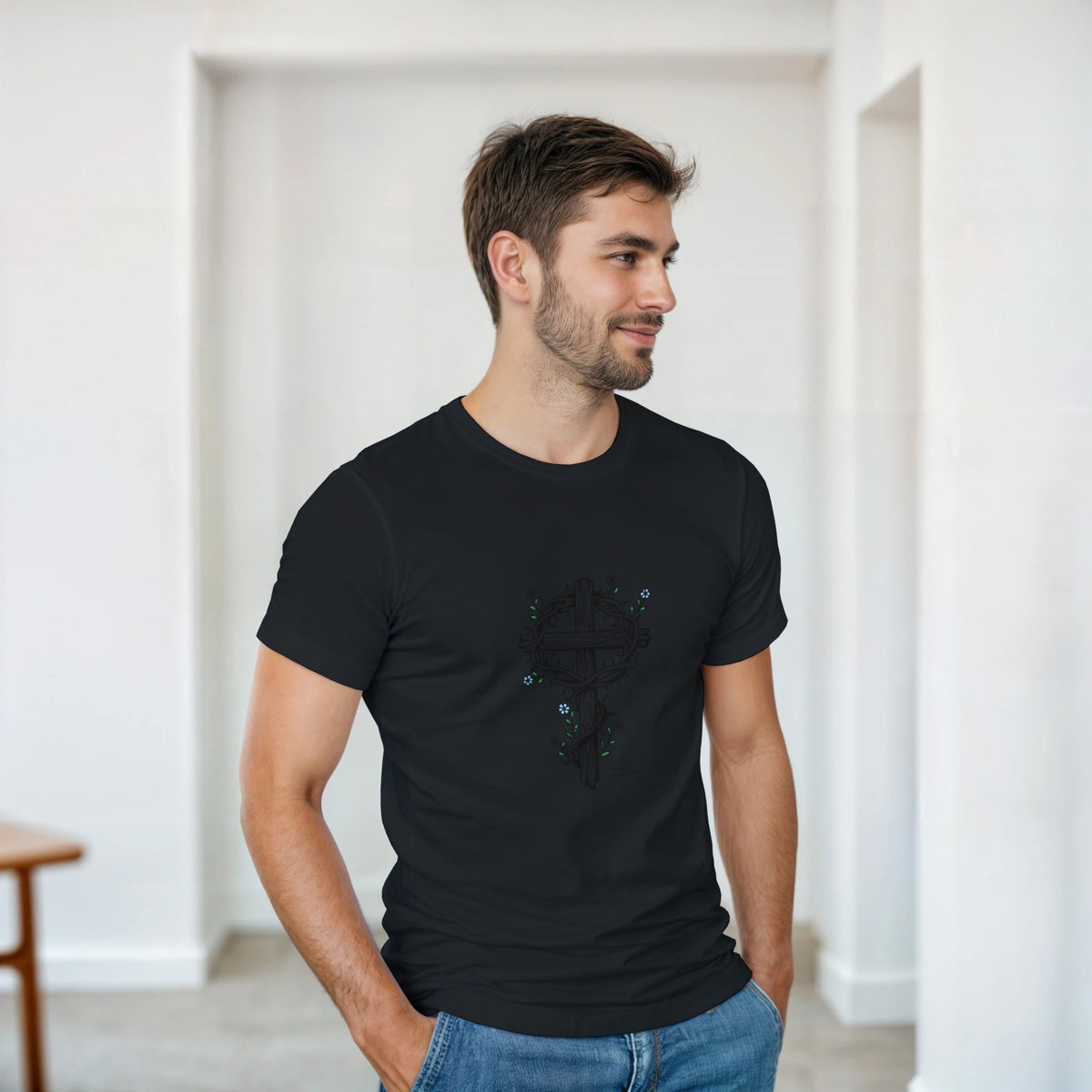Black Crown Of Thorns Cross Adult Tee, cross wrapped in thorns