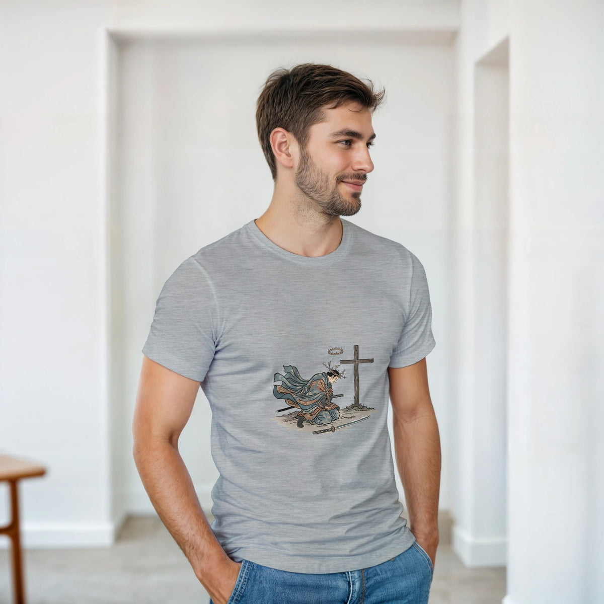 Sport grey heather The Wind And The Cross Adult Tee, kneeling figure before a cross