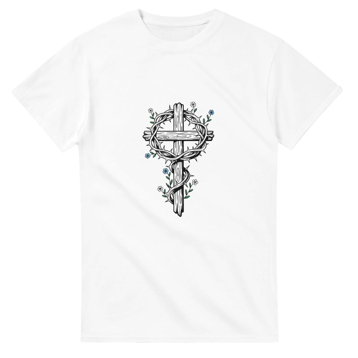 White Crown Of Thorns Cross Adult Tee, flat lay, cross wrapped in thorns