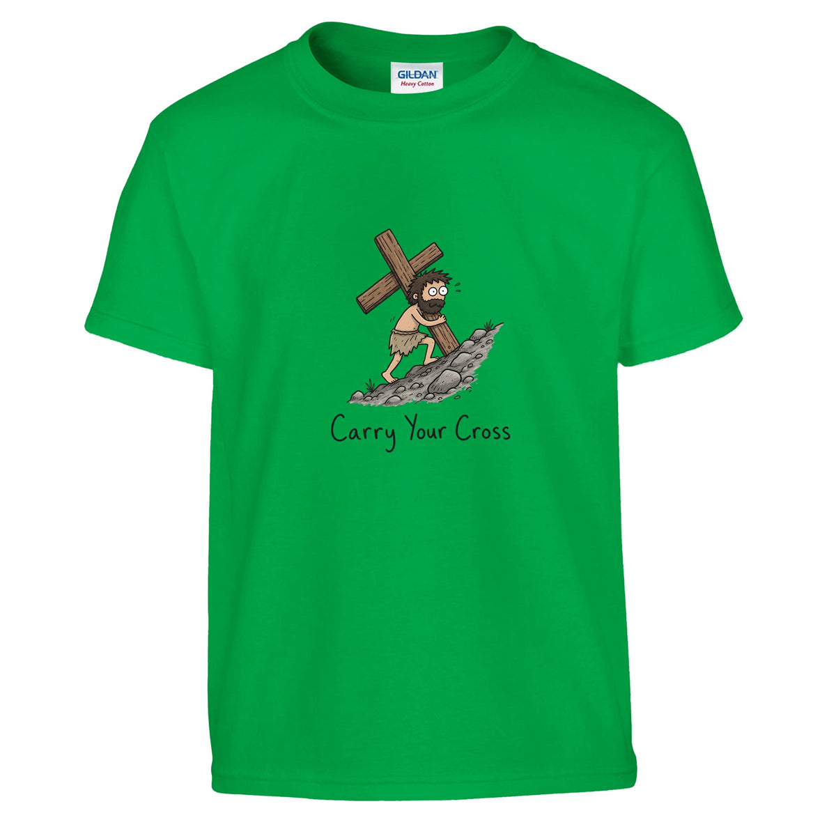 Green Carry Your Cross Kids Tee, flat lay, figure carrying a cross uphill