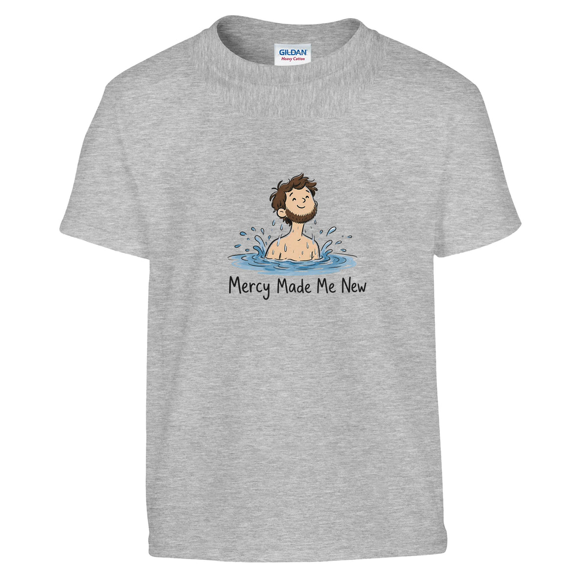 Grey Mercy Made Me New Kids Tee, flat lay, man's head emerging from water