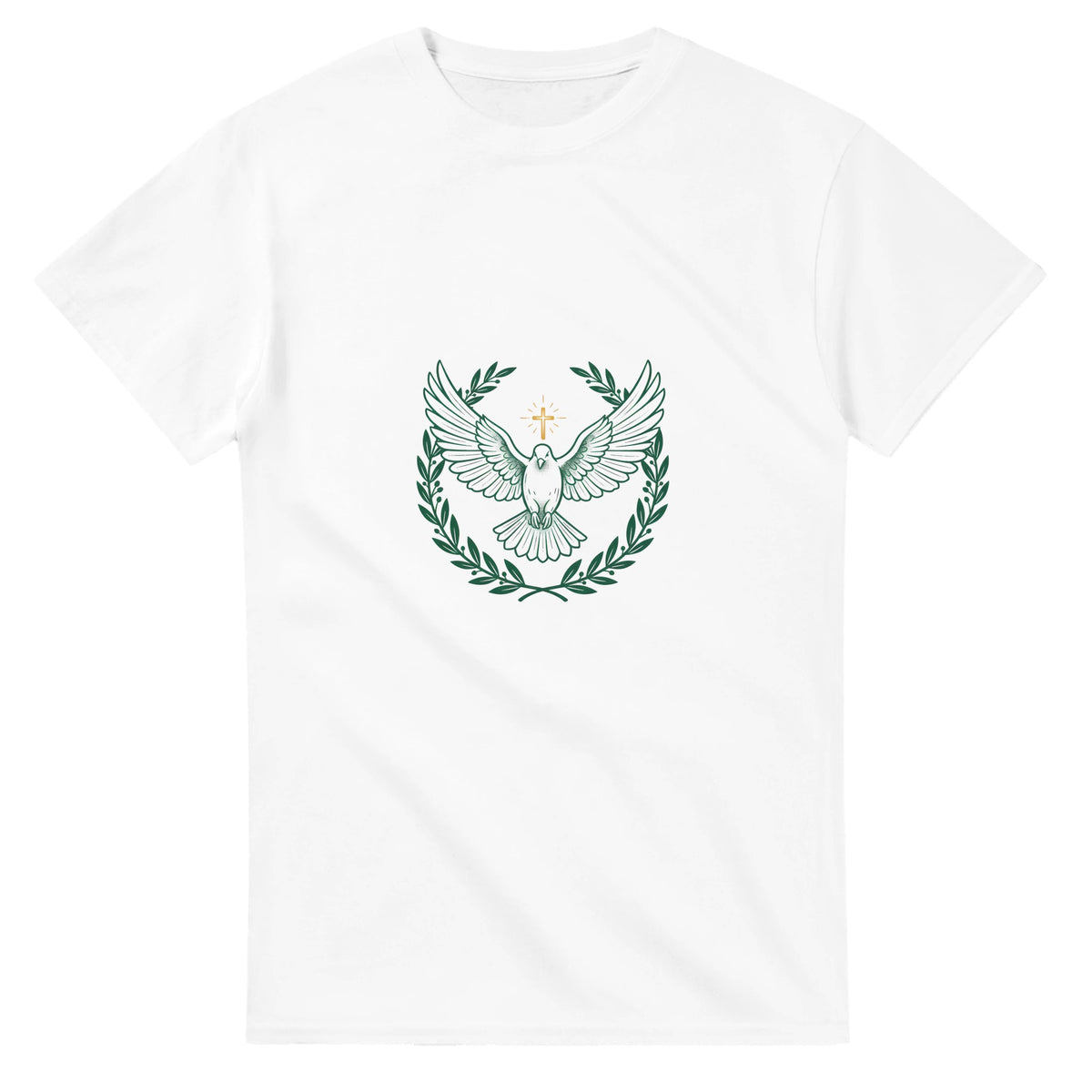 White t-shirt with a dove with wings spread inside an olive branch wreath below a cross, laid flat