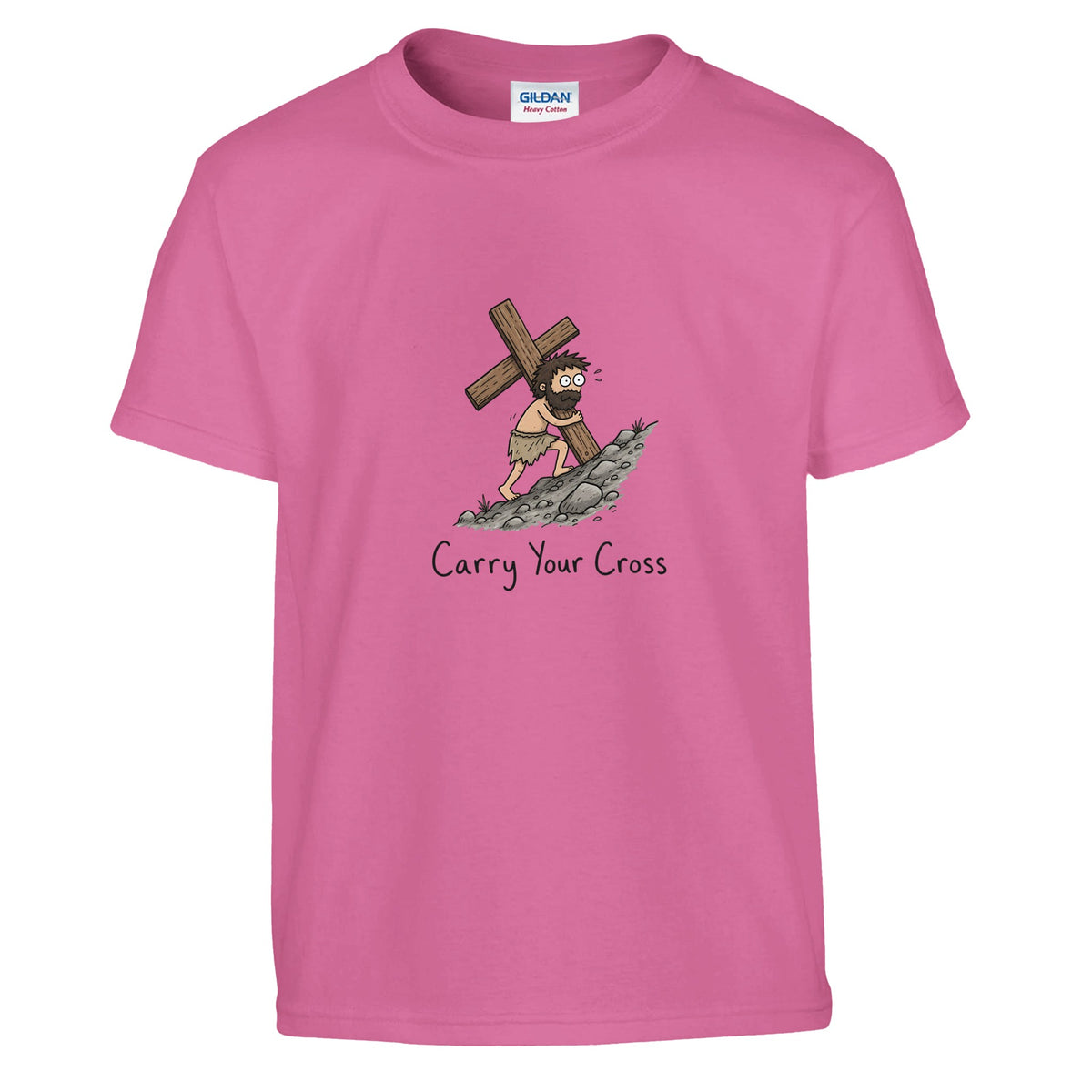 Pink Carry Your Cross Kids Tee, flat lay, figure carrying a cross uphill