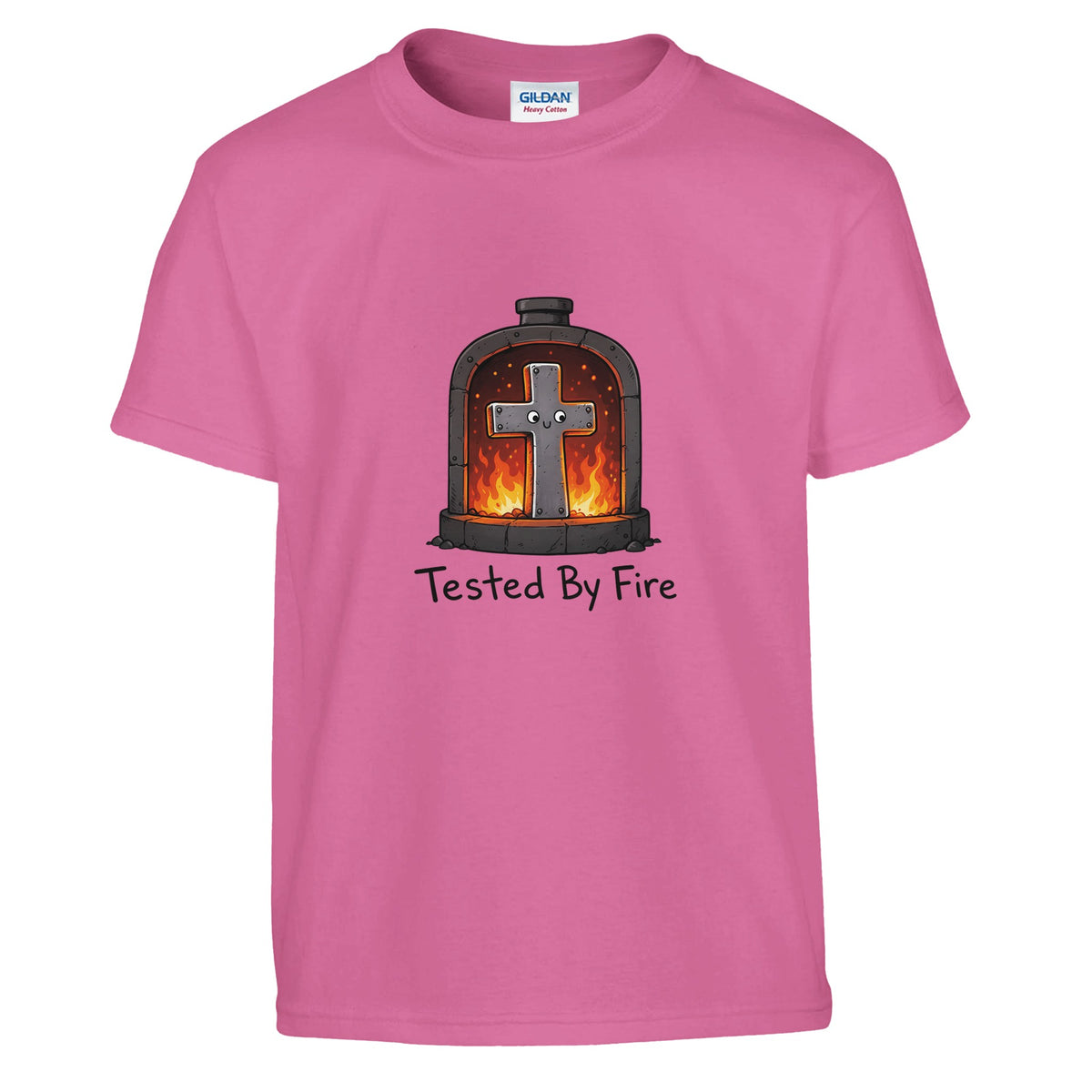 Pink Tested By Fire Kids Tee, flat lay, cross smiling in a fiery furnace