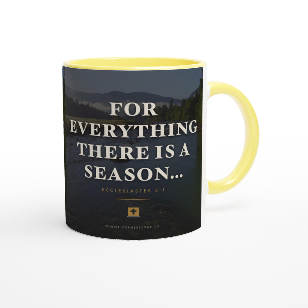 Ecclesiastes 3:1 Scripture Ceramic Mug with a yellow interior and handle, alternate studio close-up on a plain white background