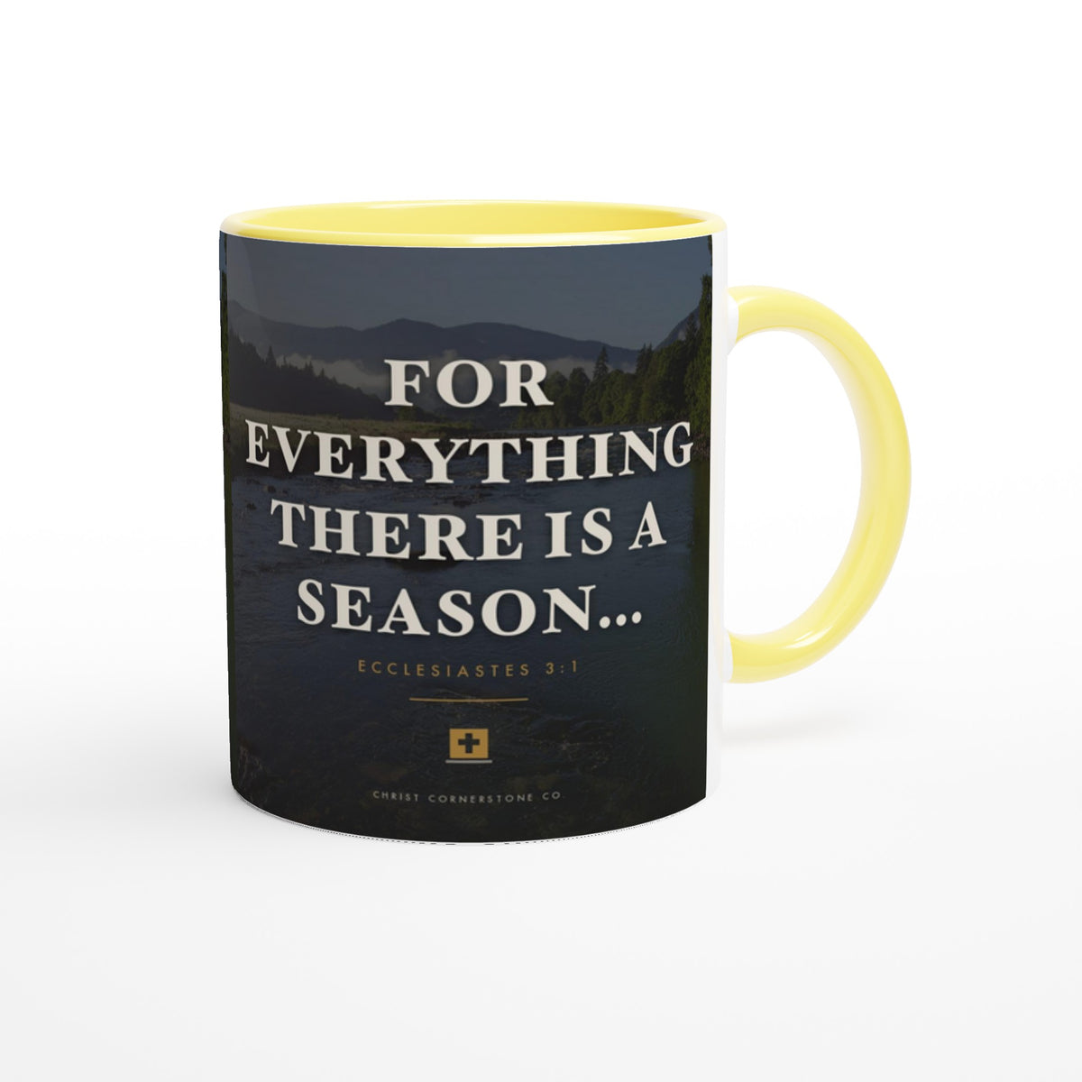 Ecclesiastes 3:1 Scripture Ceramic Mug with a yellow interior and handle, alternate studio close-up on a plain white background