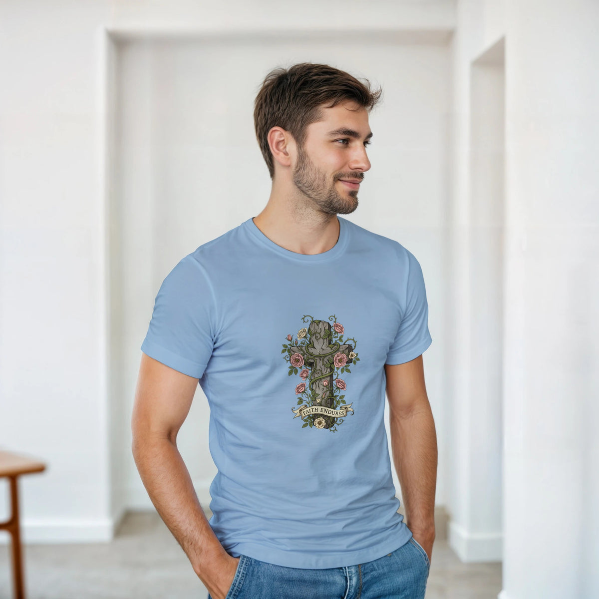 Light blue Faith Endures Adult Tee, cross entwined with roses
