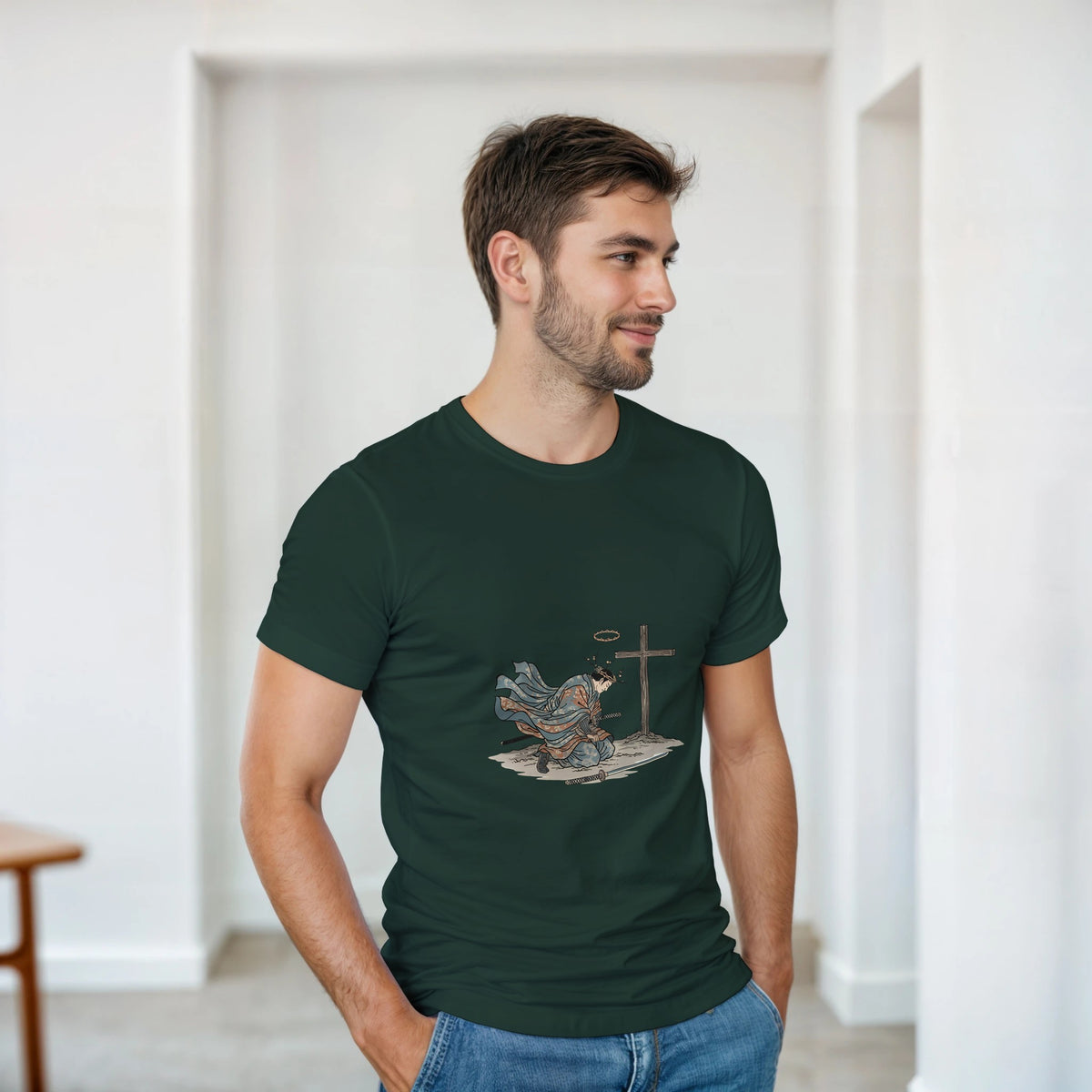 Forest green The Wind And The Cross Adult Tee, kneeling figure before a cross
