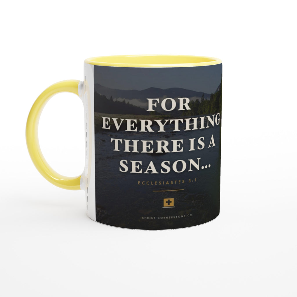 Ecclesiastes 3:1 Scripture Ceramic Mug with a yellow interior and handle, studio close-up on a plain white background