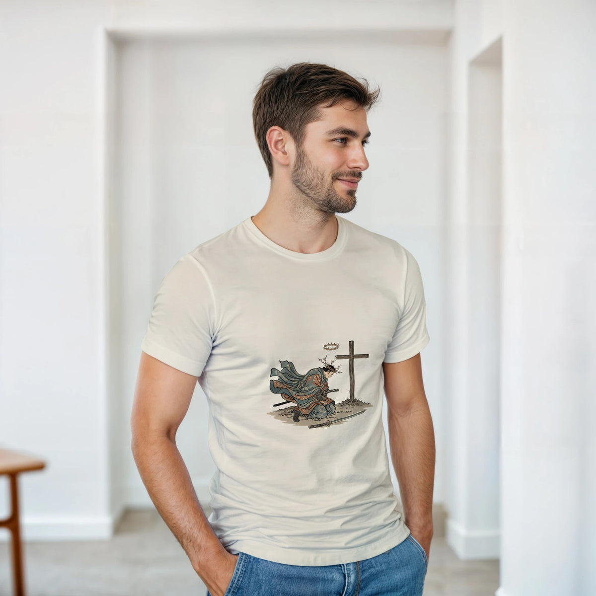 Natural The Wind And The Cross Adult Tee, kneeling figure before a cross