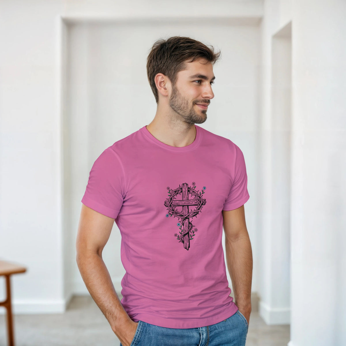 Pink Crown Of Thorns Cross Adult Tee, cross wrapped in thorns