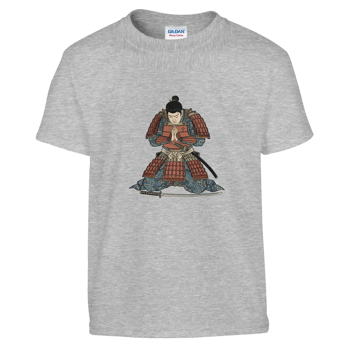 Grey Hands Together At Dawn Kids Tee, flat lay, samurai kneeling in prayer