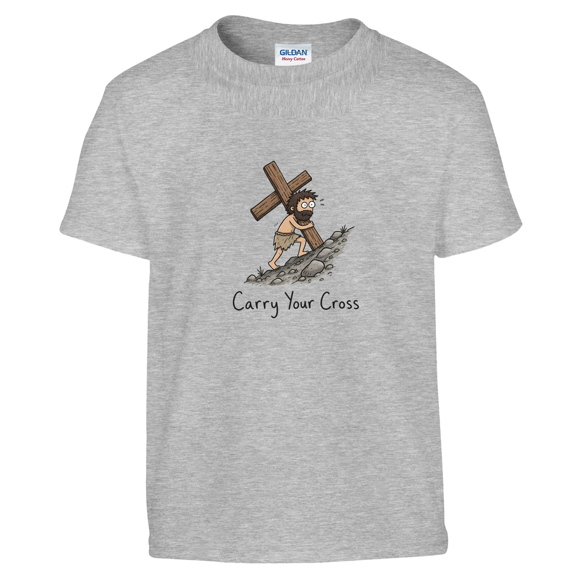 Grey Carry Your Cross Kids Tee, flat lay, figure carrying a cross uphill