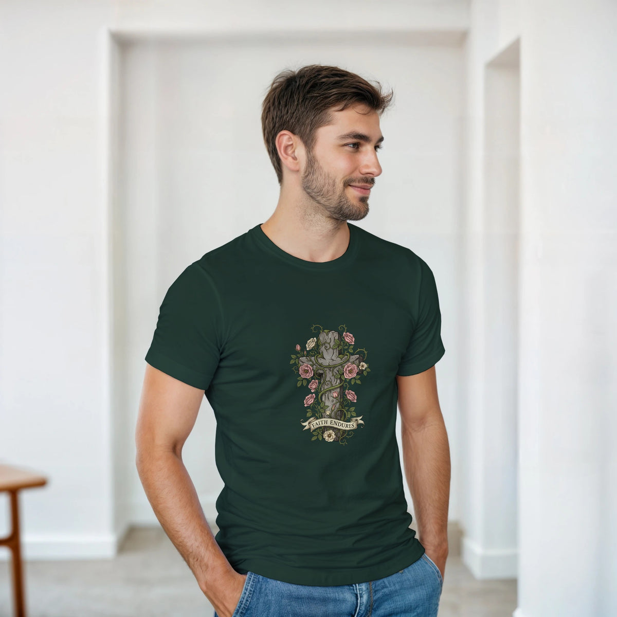 Forest green Faith Endures Adult Tee, cross entwined with roses