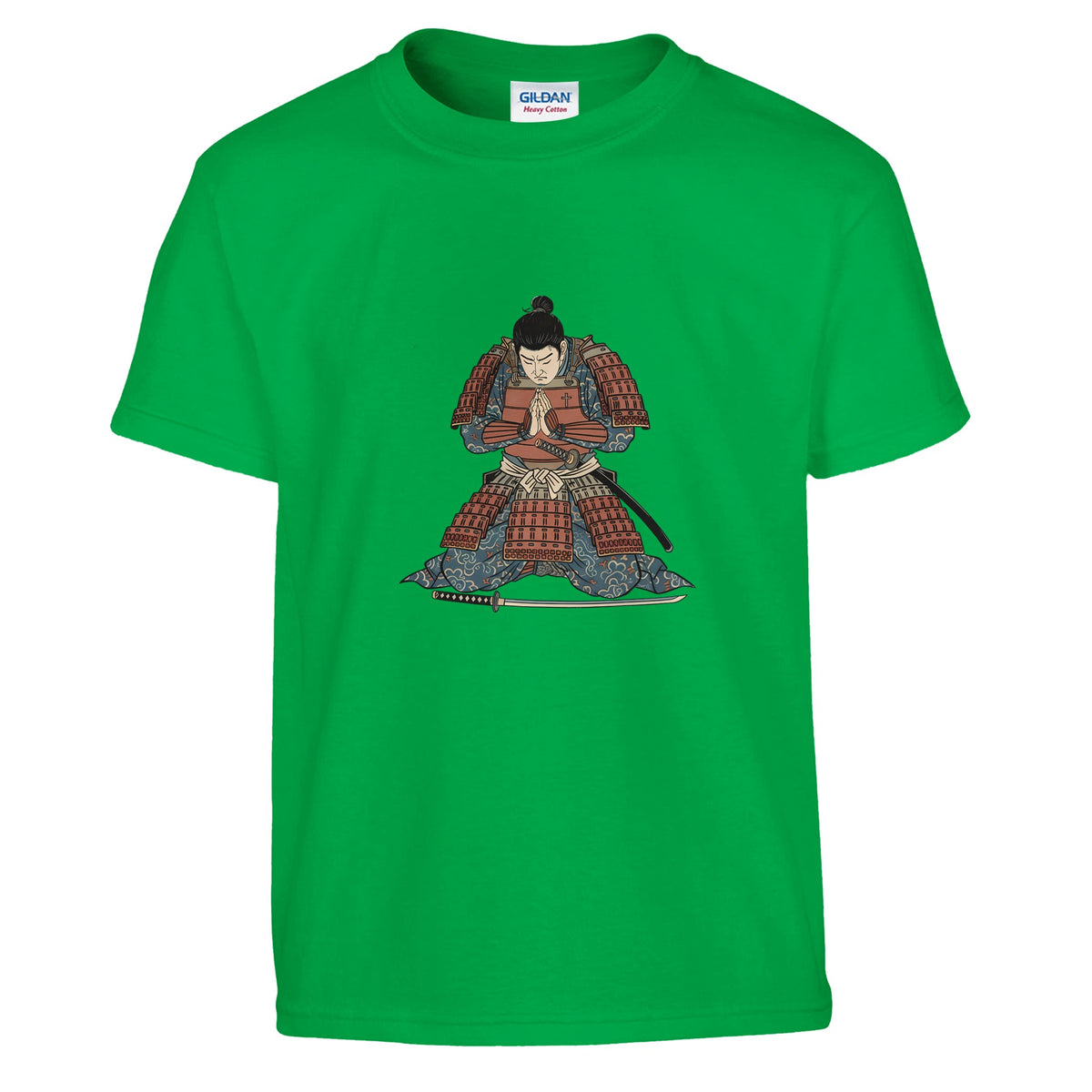 Green Hands Together At Dawn Kids Tee, flat lay, samurai kneeling in prayer