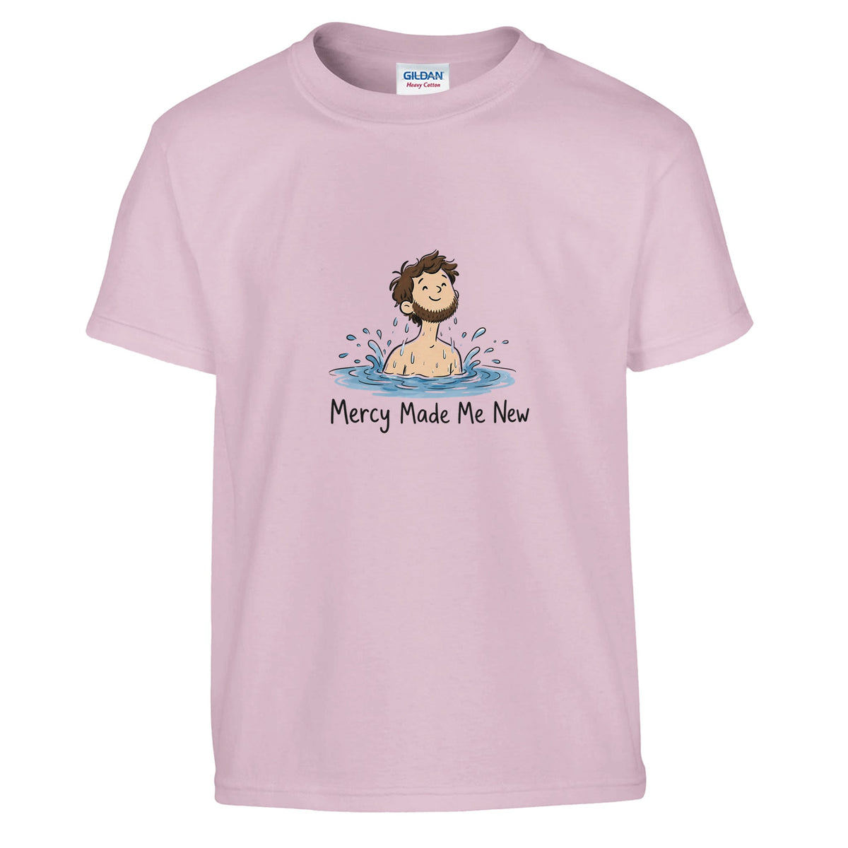 Pink Mercy Made Me New Kids Tee, flat lay, man's head emerging from water