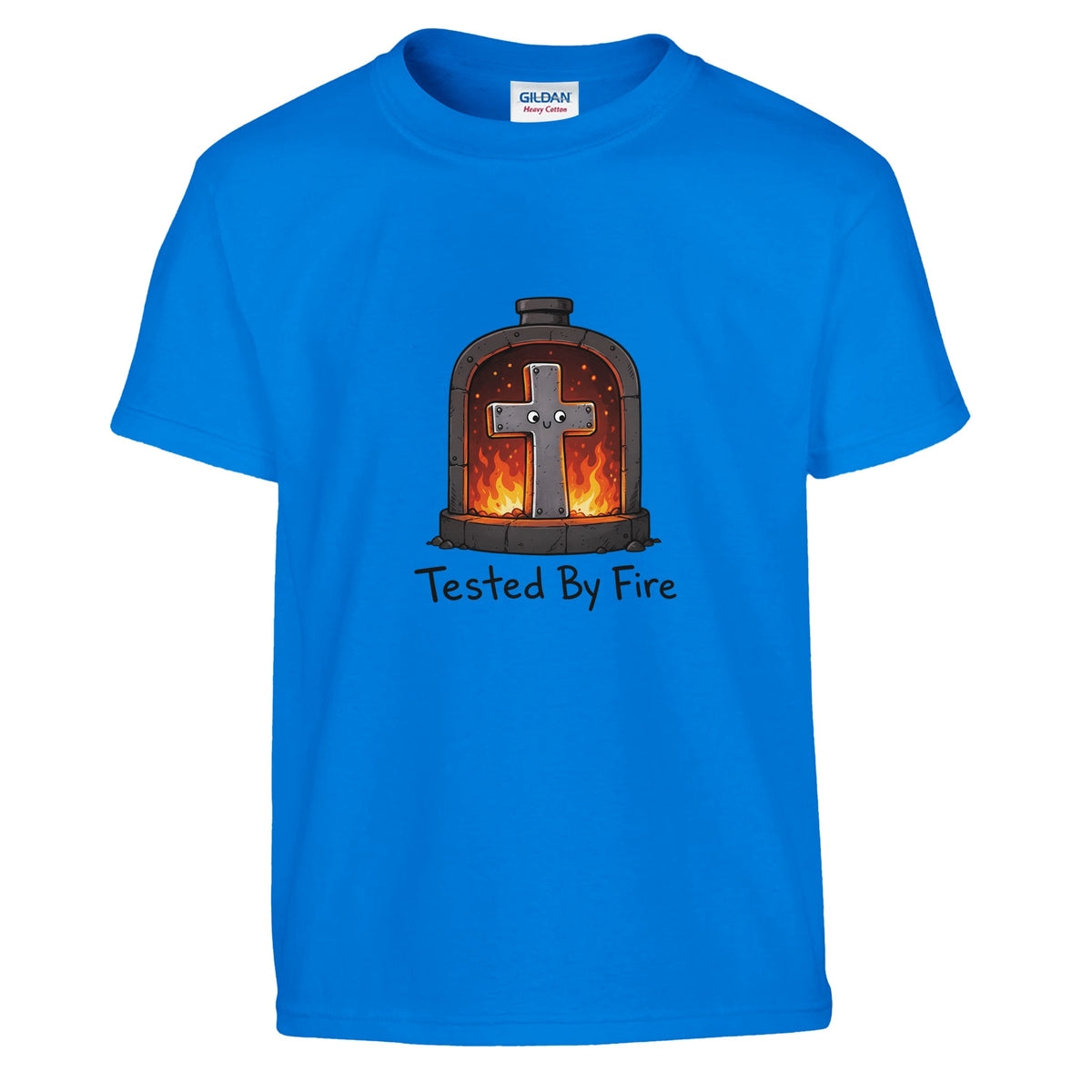 Royal blue Tested By Fire Kids Tee, flat lay, cross smiling in a fiery furnace