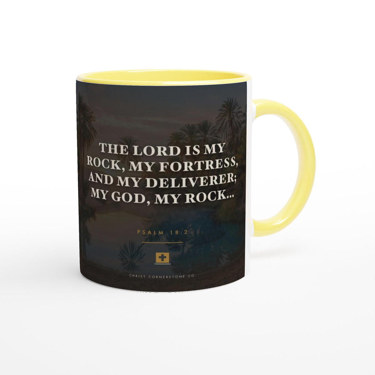 Psalm 18:2 ceramic mug with a yellow interior and handle, side view