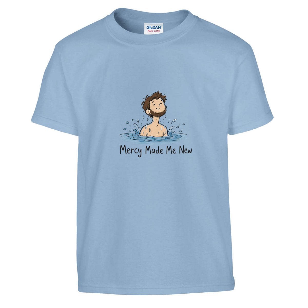 Light blue Mercy Made Me New Kids Tee, flat lay, man's head emerging from water