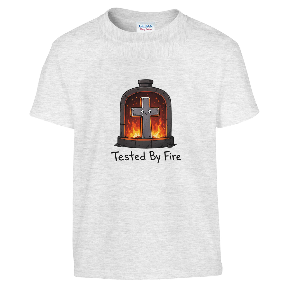 Tested By Fire Kids Tee in ash grey — flat lay of a cross inside a flaming glass dome, with Tested By Fire text below