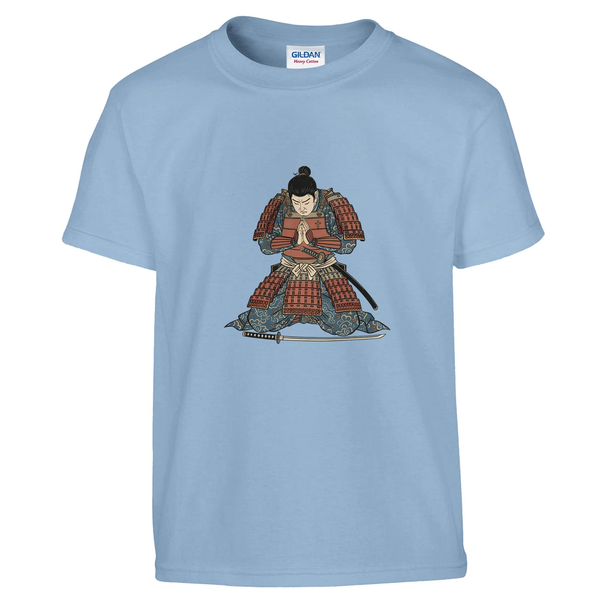 Light blue Hands Together At Dawn Kids Tee, flat lay, samurai kneeling in prayer