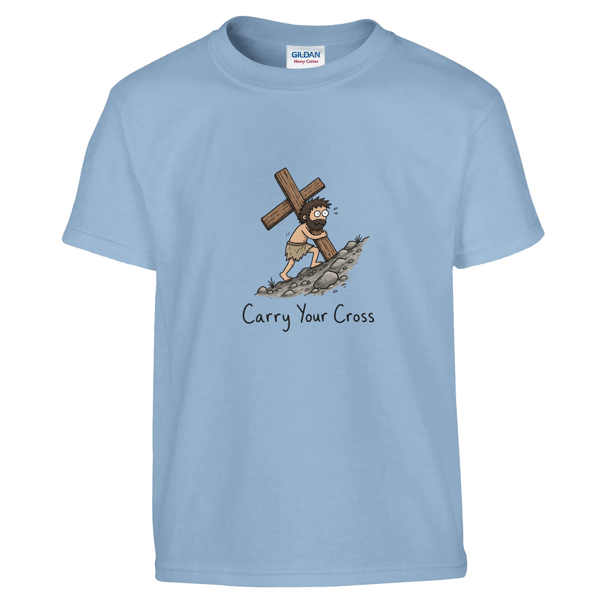 Light blue Carry Your Cross Kids Tee, flat lay, figure carrying a cross uphill
