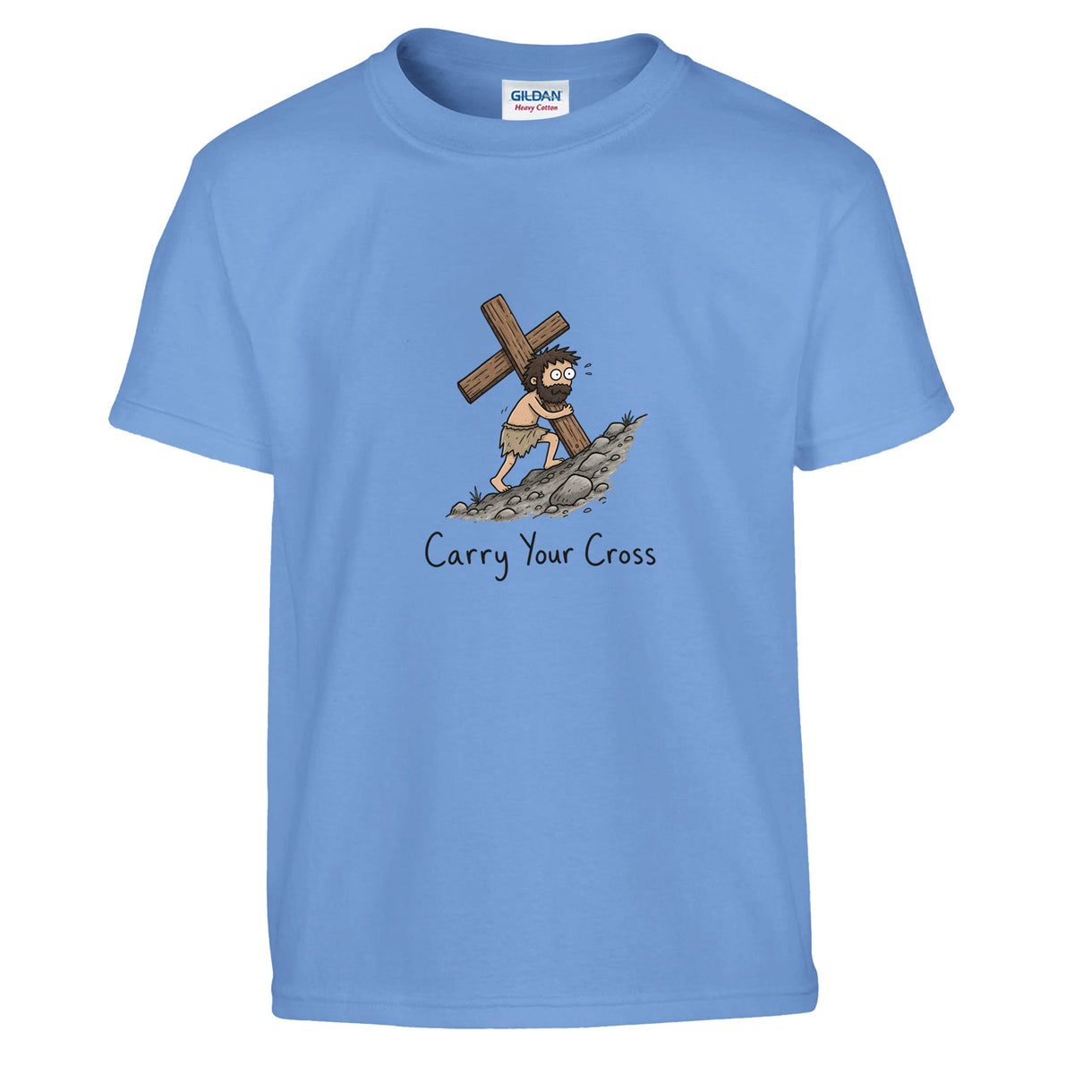 Light blue Carry Your Cross Kids Tee, flat lay, figure carrying a cross uphill