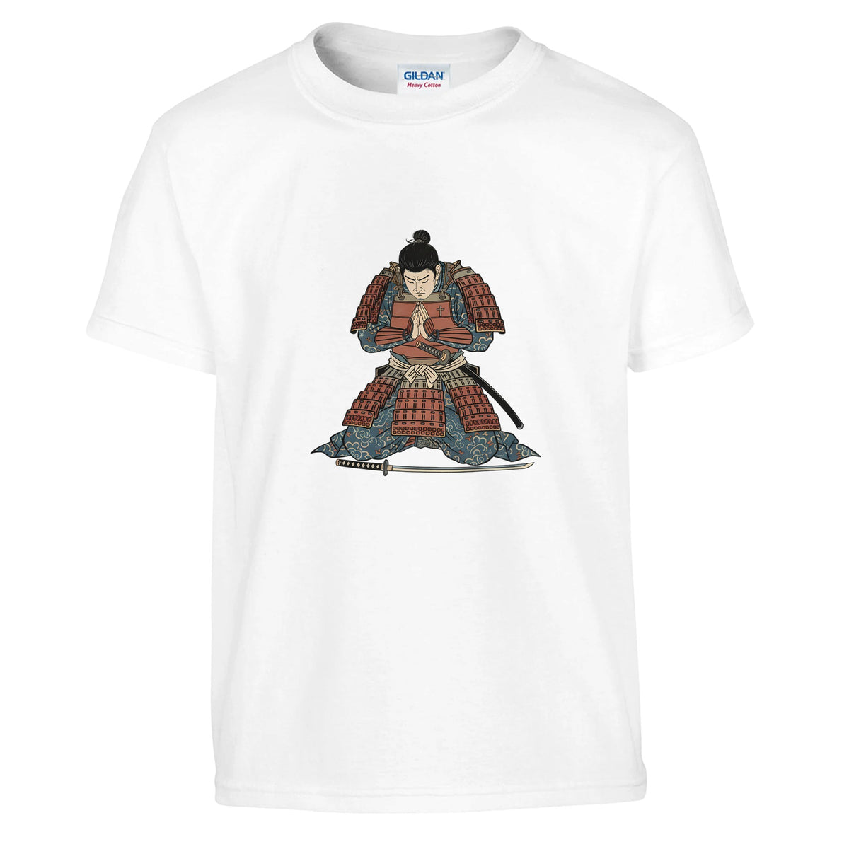 White Hands Together At Dawn Kids Tee, flat lay, samurai kneeling in prayer