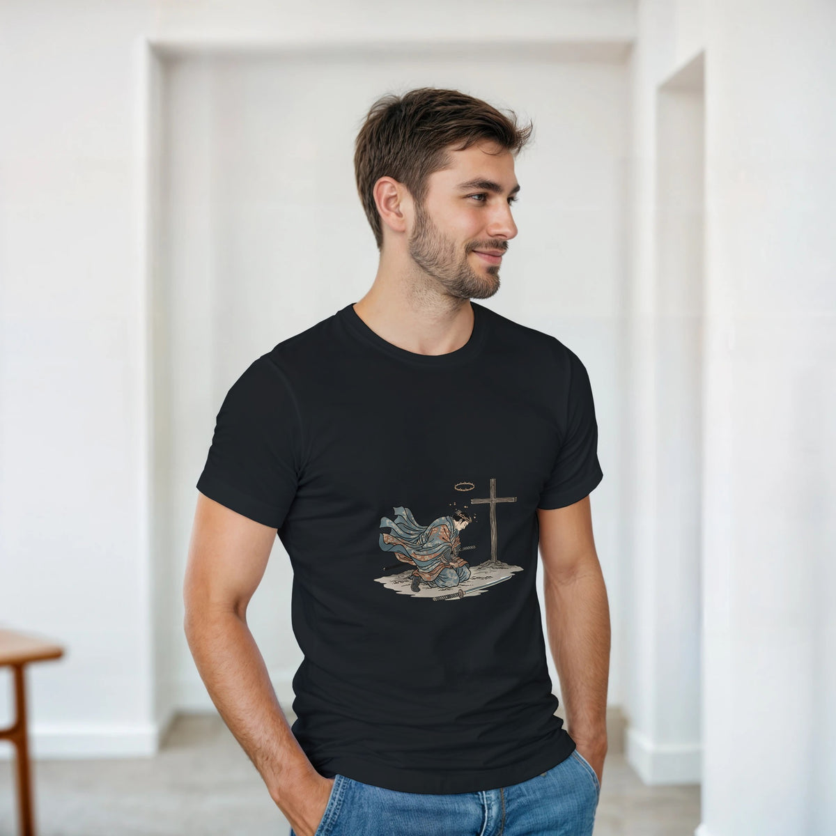 Black The Wind And The Cross Adult Tee, kneeling figure before a cross