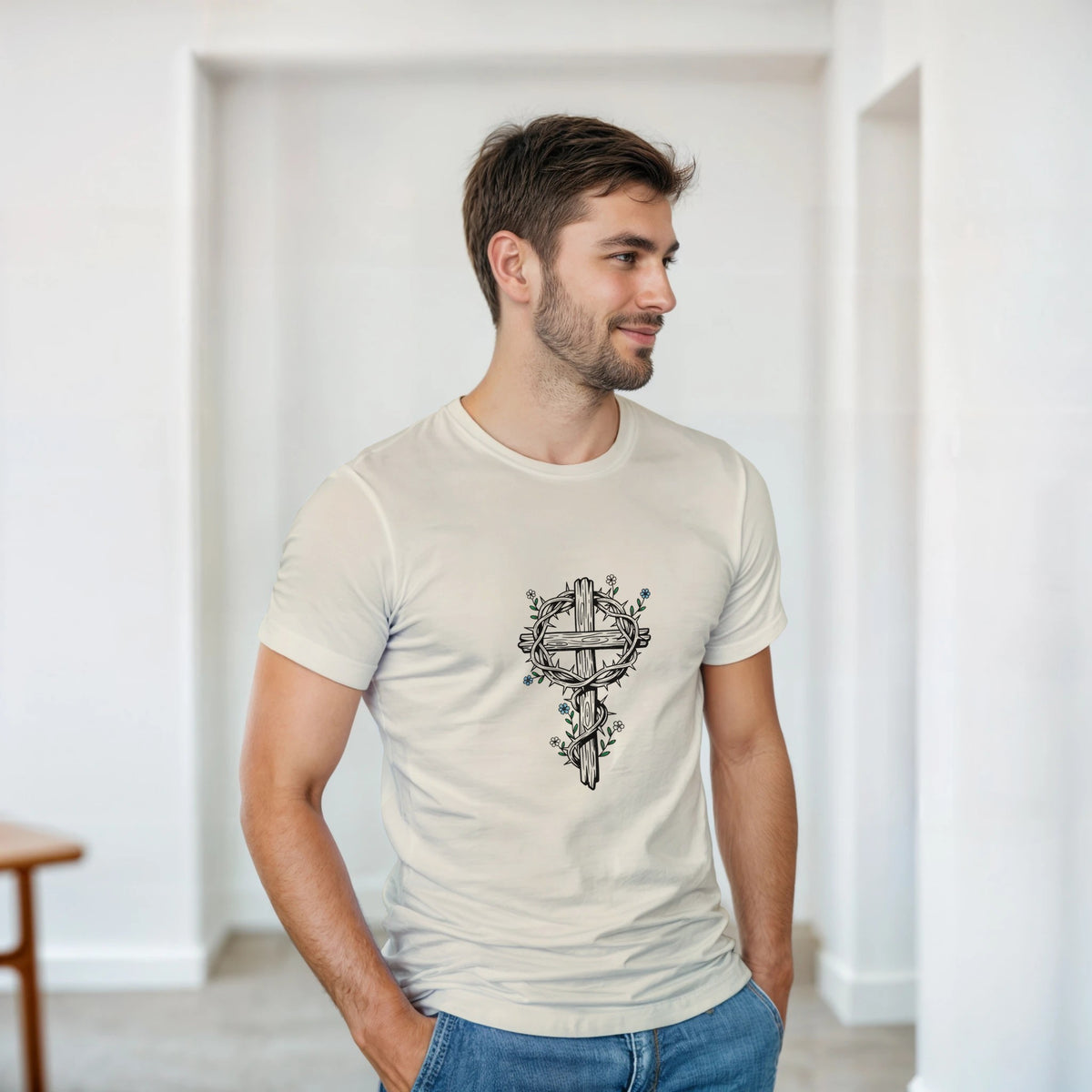 Natural Crown Of Thorns Cross Adult Tee, cross wrapped in thorns