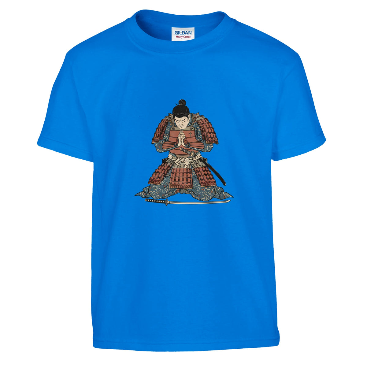 Royal blue Hands Together At Dawn Kids Tee, flat lay, samurai kneeling in prayer