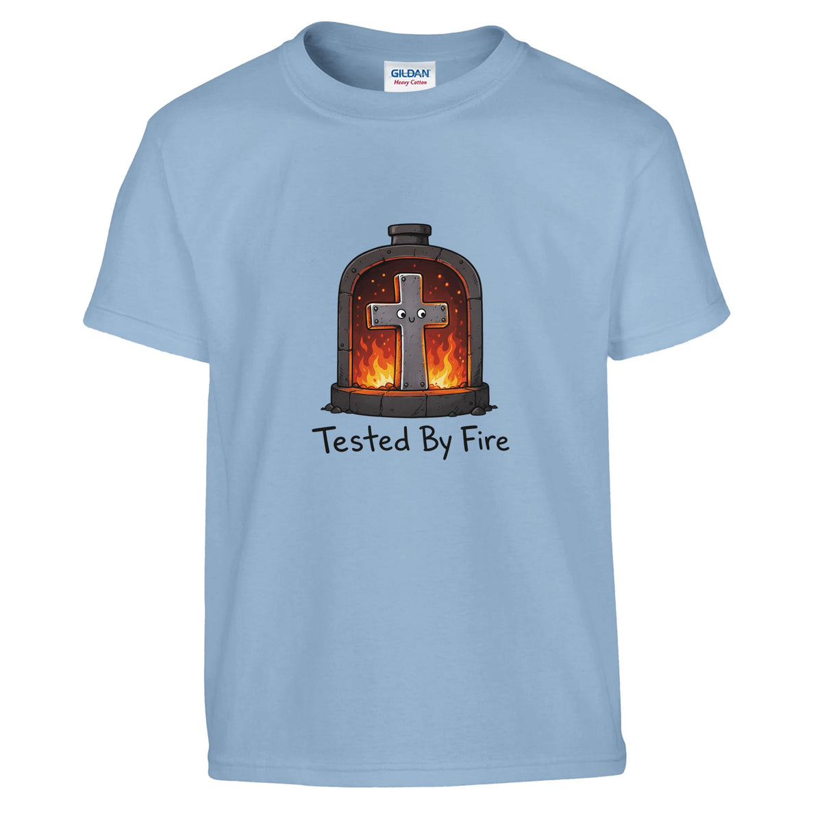 Light blue Tested By Fire Kids Tee, flat lay, cross smiling in a fiery furnace