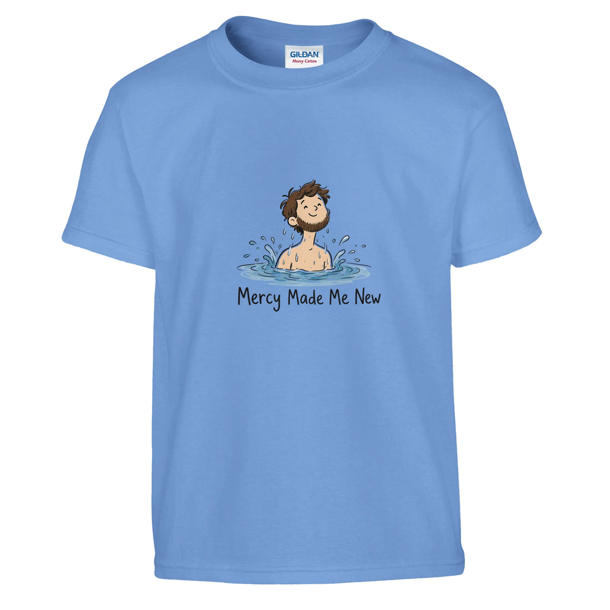 Light blue Mercy Made Me New Kids Tee, flat lay, man's head emerging from water
