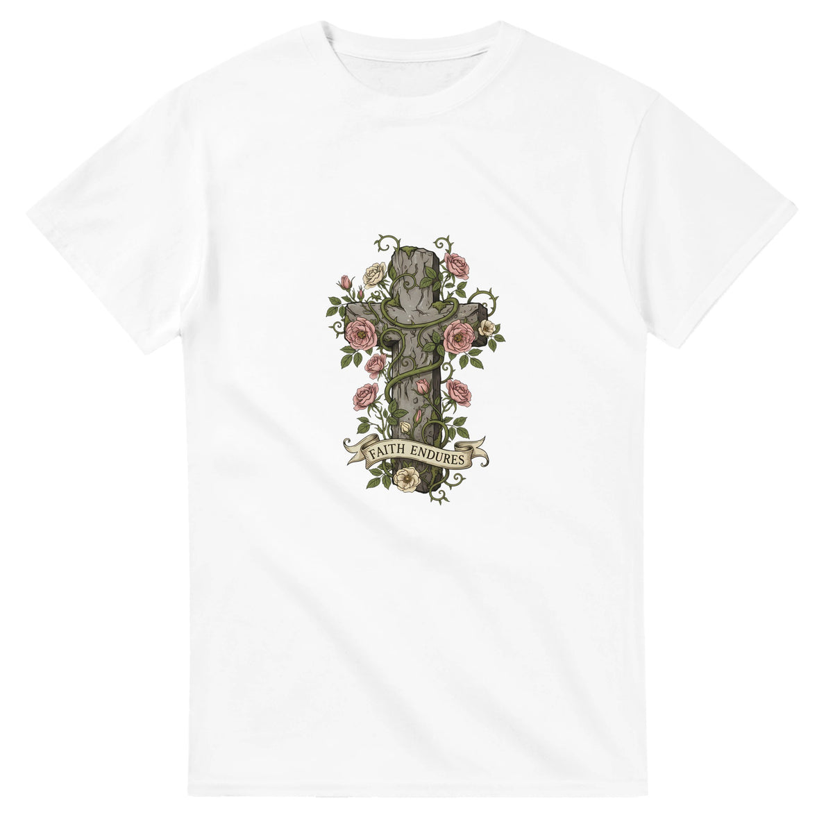 White Faith Endures Adult Tee, flat lay, cross entwined with roses