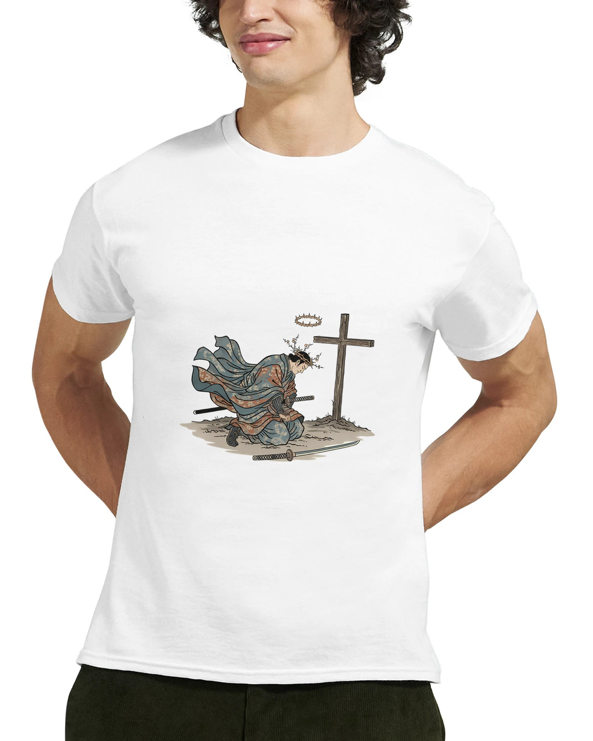 White The Wind And The Cross Adult Tee, close-up on model, kneeling figure before a cross